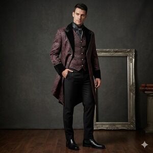 Mens Size Large Damask Tailcoat Vest Jacket Burgundy Victorian Gothic Steampunk
